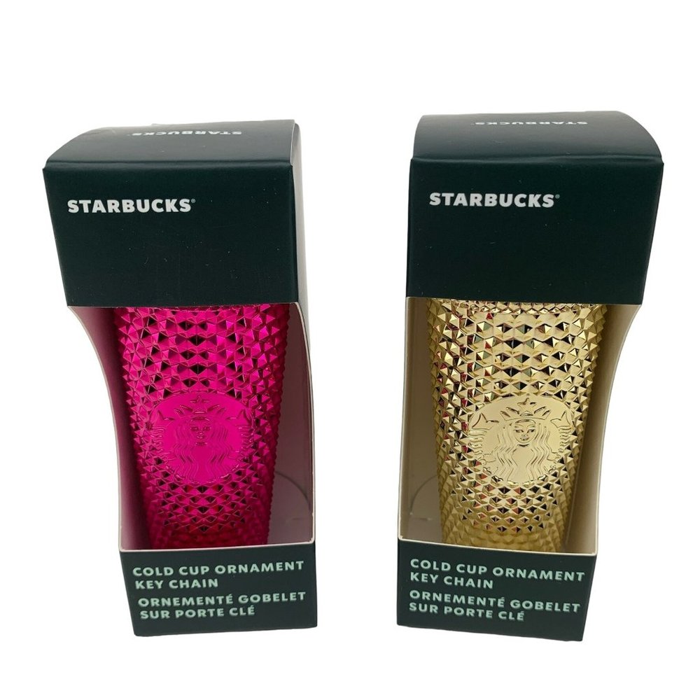 Two Starbucks 2022 Studded Cold Cups Tumblers Keychain Ornaments Gold, Pink